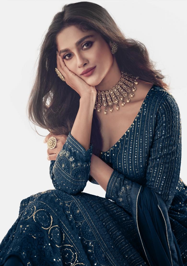 Rama Embroidered Faux Georgette Salwar Kameez With Dupatta - Indya