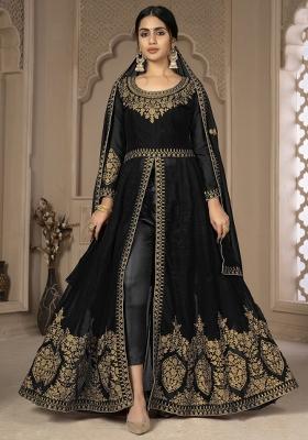 Black Embroidered Faux Georgette Salwar Kameez With Dupatta