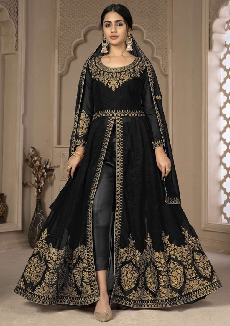 Black Embroidered Faux Blooming Anarkali Set - Indya