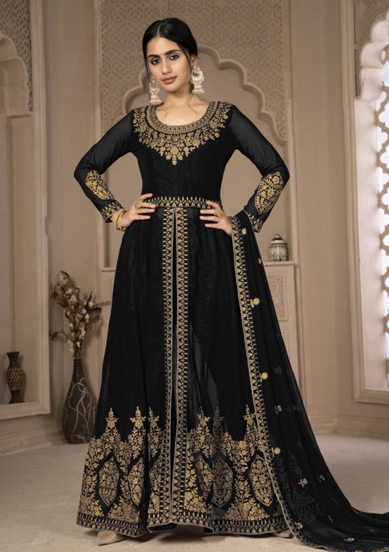 Black Embroidered Faux Georgette Salwar Kameez With Dupatta - Indya