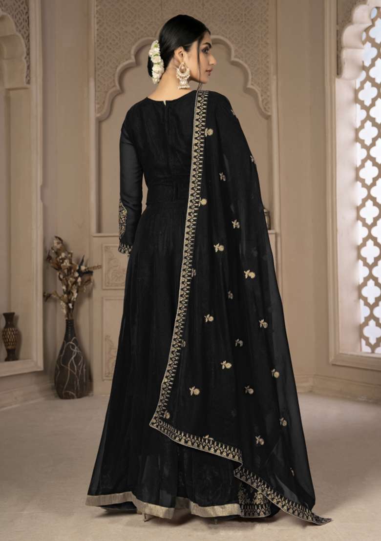 Black Embroidered Faux Blooming Anarkali Set - Indya