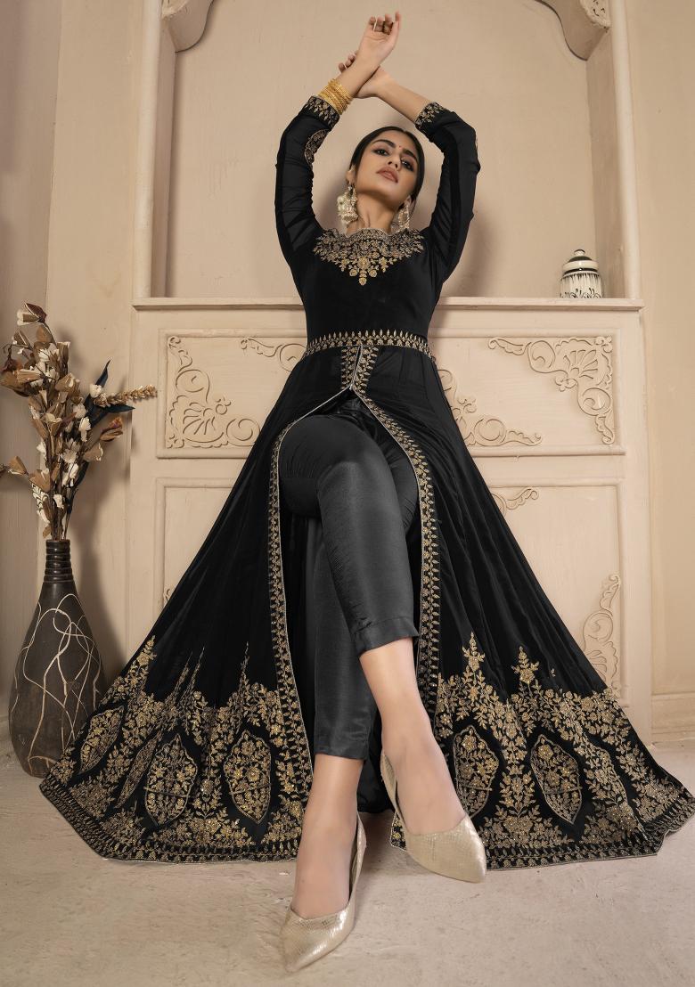 Black Embroidered Faux Georgette Salwar Kameez With Dupatta - Indya