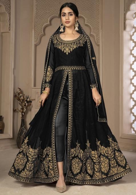 Black Embroidered Faux Georgette Salwar Kameez With Dupatta