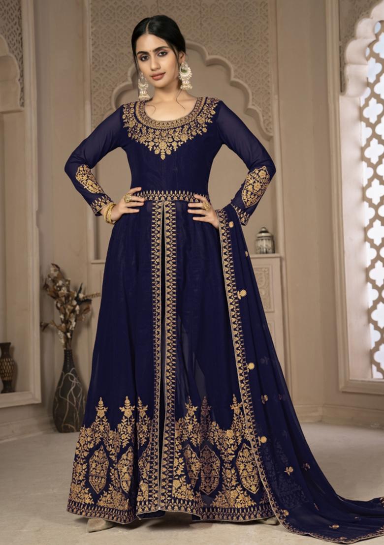 Blue Embroidered Faux Georgette Salwar Kameez With Dupatta - Indya