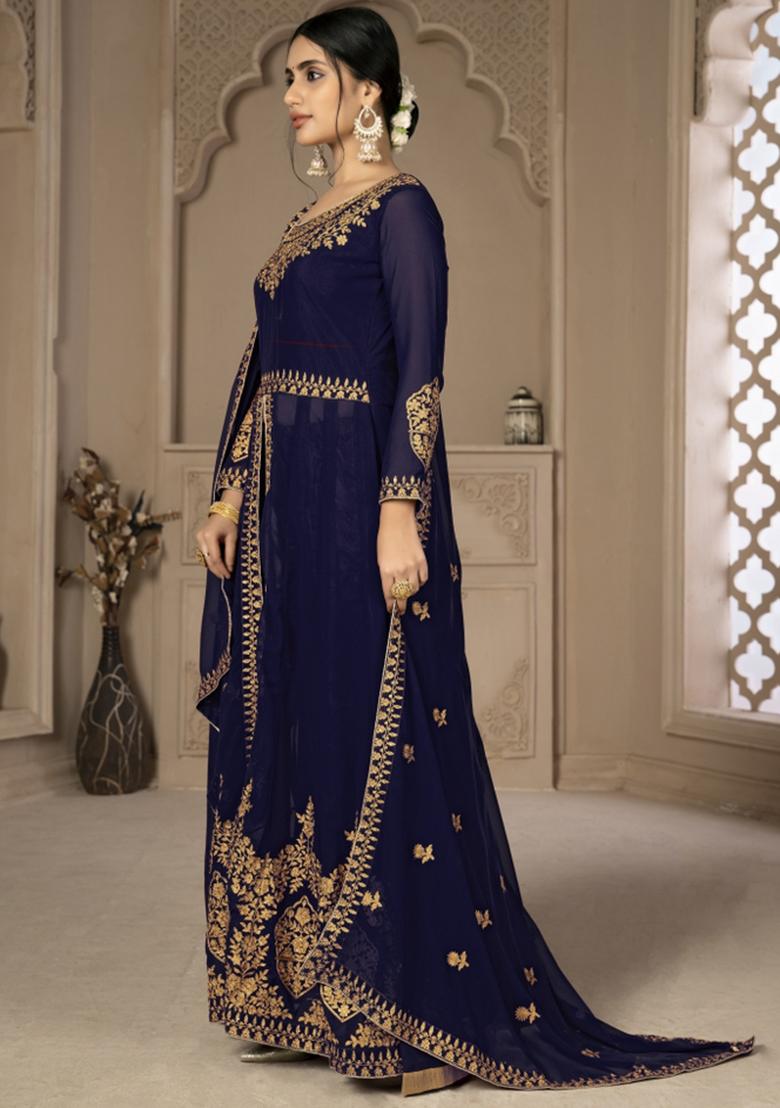 Blue Embroidered Faux Georgette Salwar Kameez With Dupatta - Indya