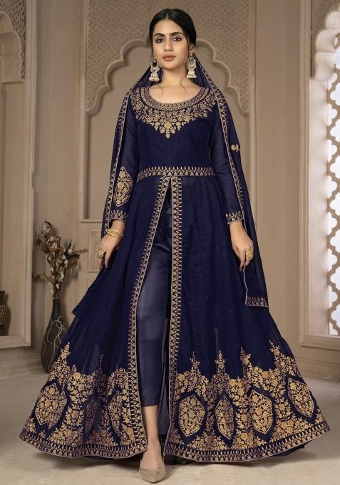 Blue Embroidered Faux Georgette Salwar Kameez With Dupatta