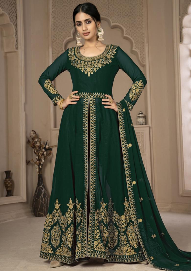 Green Embroidered Faux Georgette Salwar Kameez With Dupatta - Indya