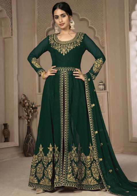 Green Embroidered Faux Georgette Salwar Kameez With Dupatta
