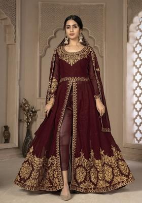 Maroon Embroidered Faux Georgette Salwar Kameez With Dupatta