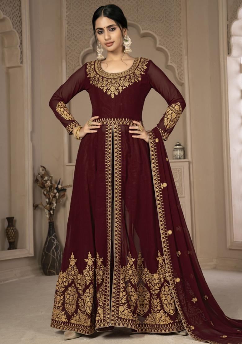 Maroon Embroidered Faux Georgette Salwar Kameez With Dupatta - Indya