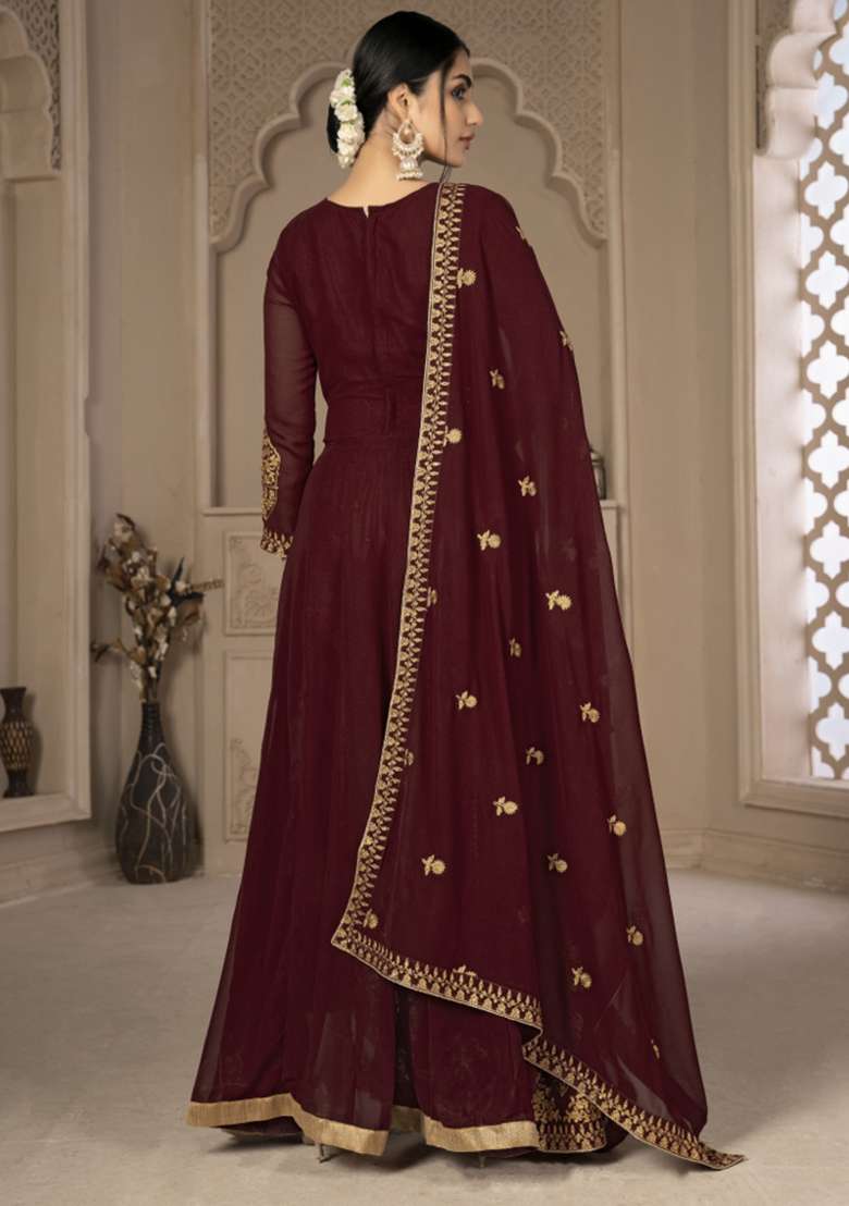 Maroon Embroidered Georgette Anarkali Set - Indya