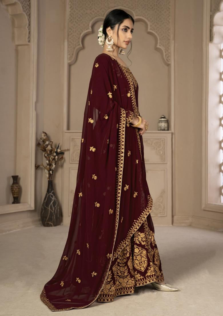 Maroon Embroidered Faux Georgette Salwar Kameez With Dupatta - Indya