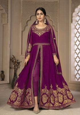 Purple Embroidered Faux Georgette Salwar Kameez With Dupatta