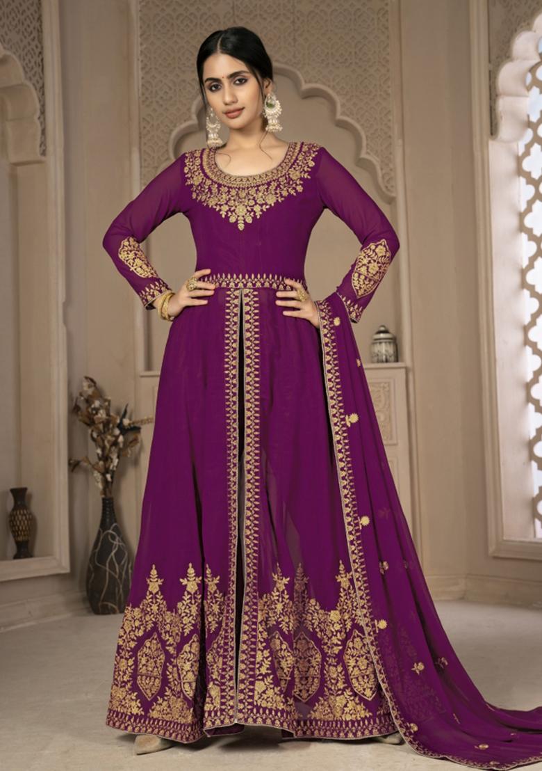 Purple Embroidered Faux Georgette Salwar Kameez With Dupatta - Indya