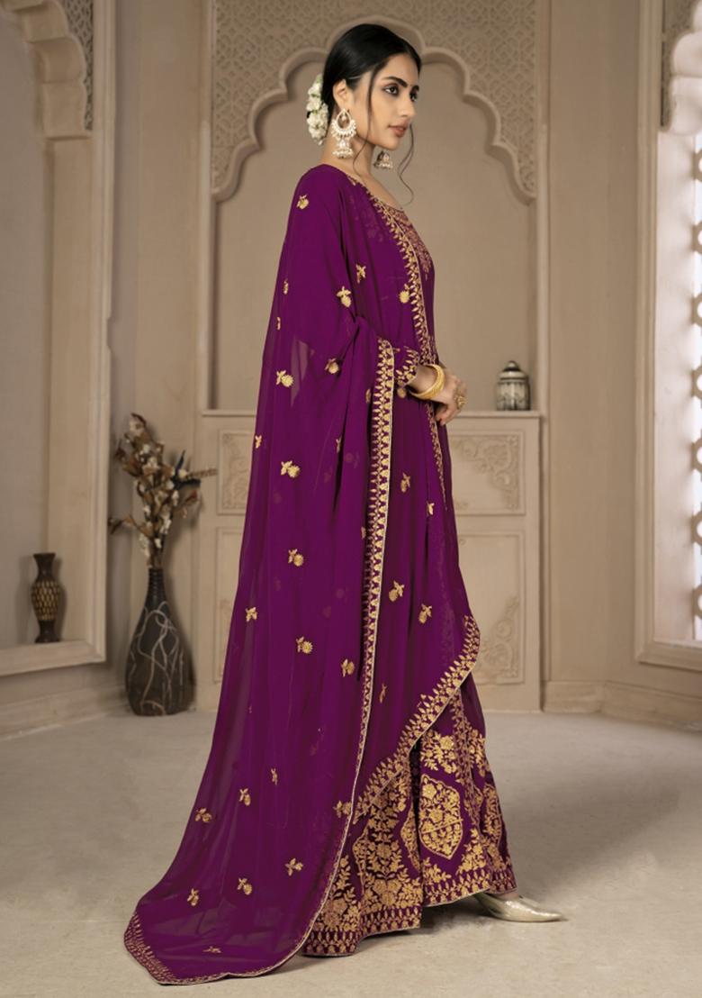 Purple Embroidered Faux Georgette Salwar Kameez With Dupatta - Indya