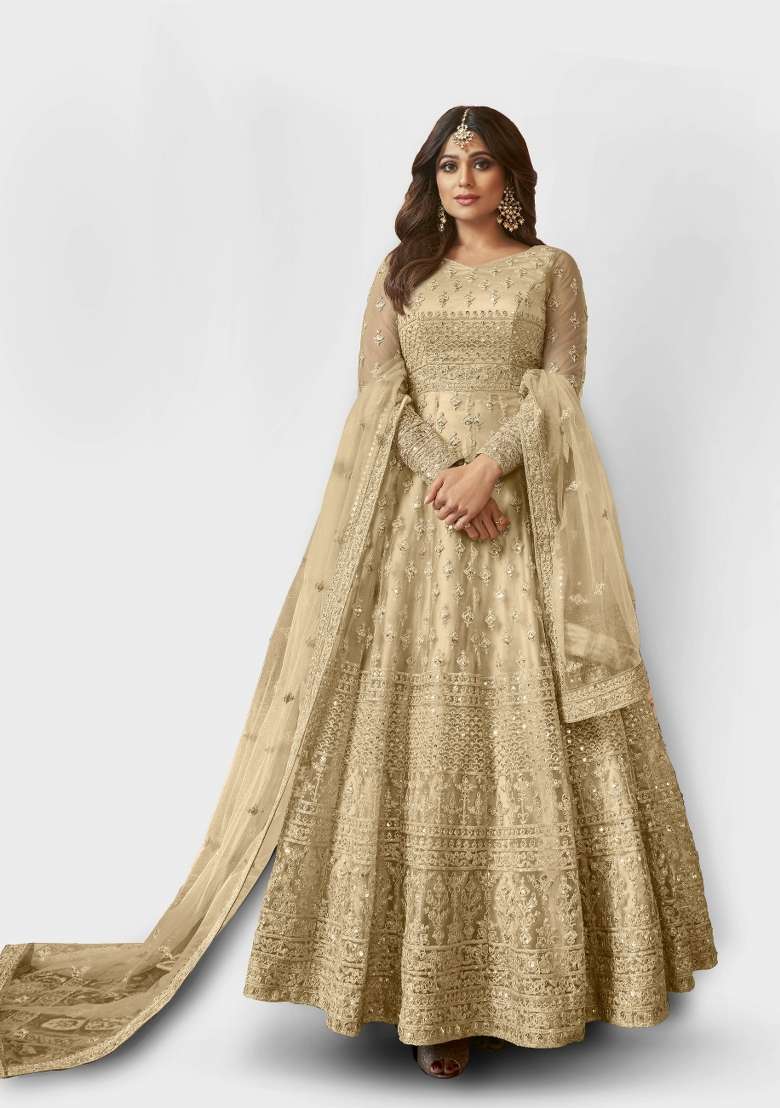 Cream Embroidered Net Anarkali Set - Indya