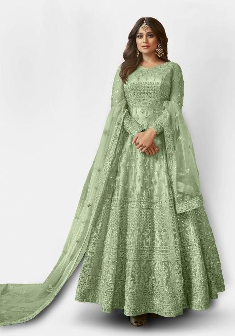 Green Embroidered Net Salwar Kameez With Dupatta