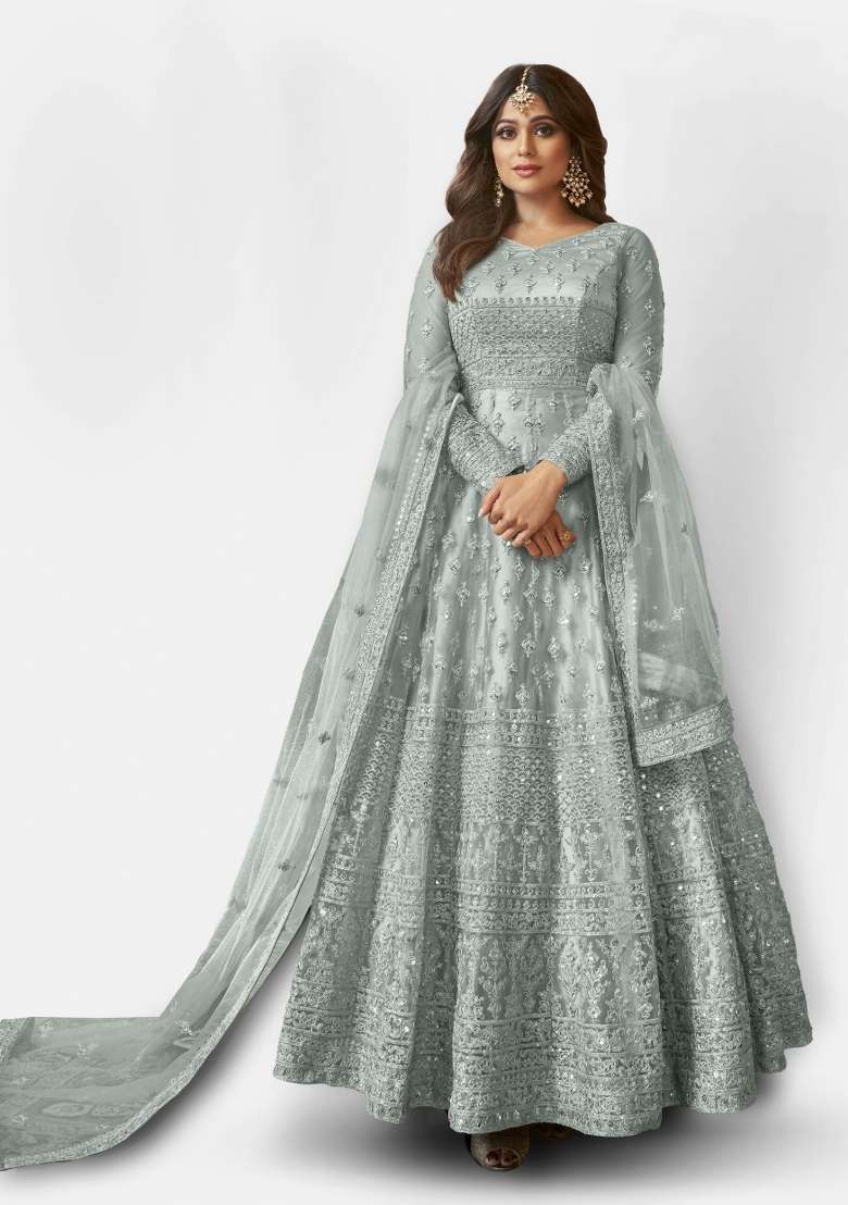 Grey Embroidered Net Anarkali Set - Indya
