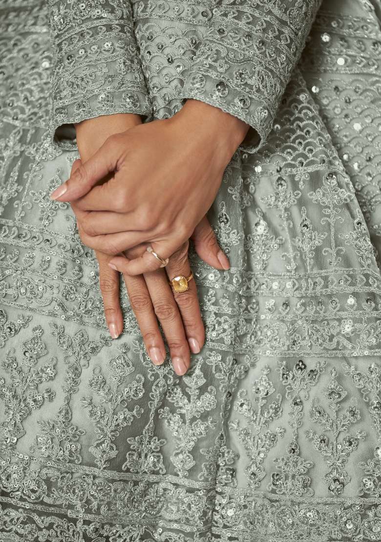 Grey Embroidered Net Anarkali Set - Indya