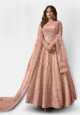 Peach Embroidered Net Salwar Kameez With Dupatta