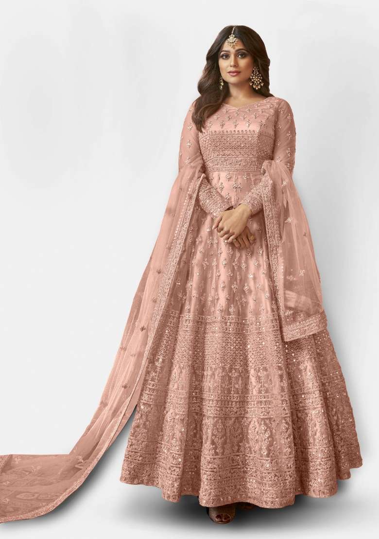 Peach Embroidered Net Anarkali Set - Indya