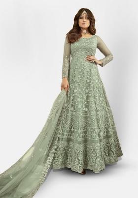 Green Embroidered Net Salwar Kameez With Dupatta