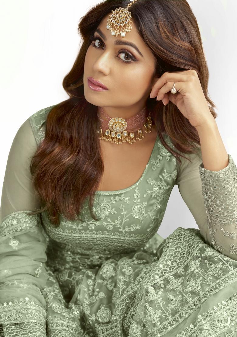 Green Embroidered Net Salwar Kameez With Dupatta - Indya