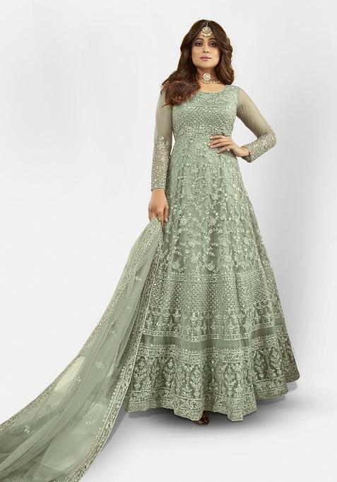 Green Embroidered Net Anarkali Set