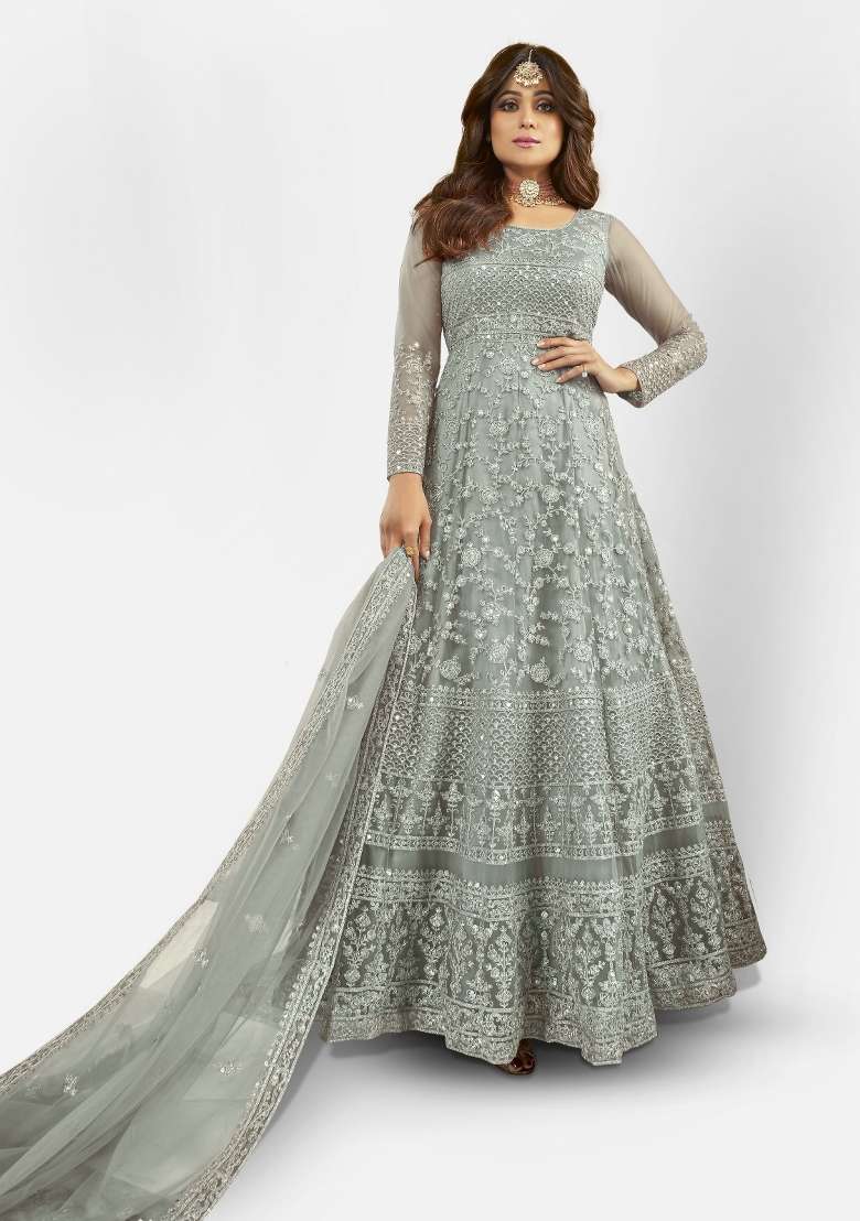 Grey Embroidered Net Anarkali Set - Indya