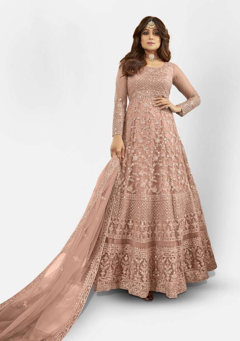 Peach Embroidered Net Anarkali Set - Indya