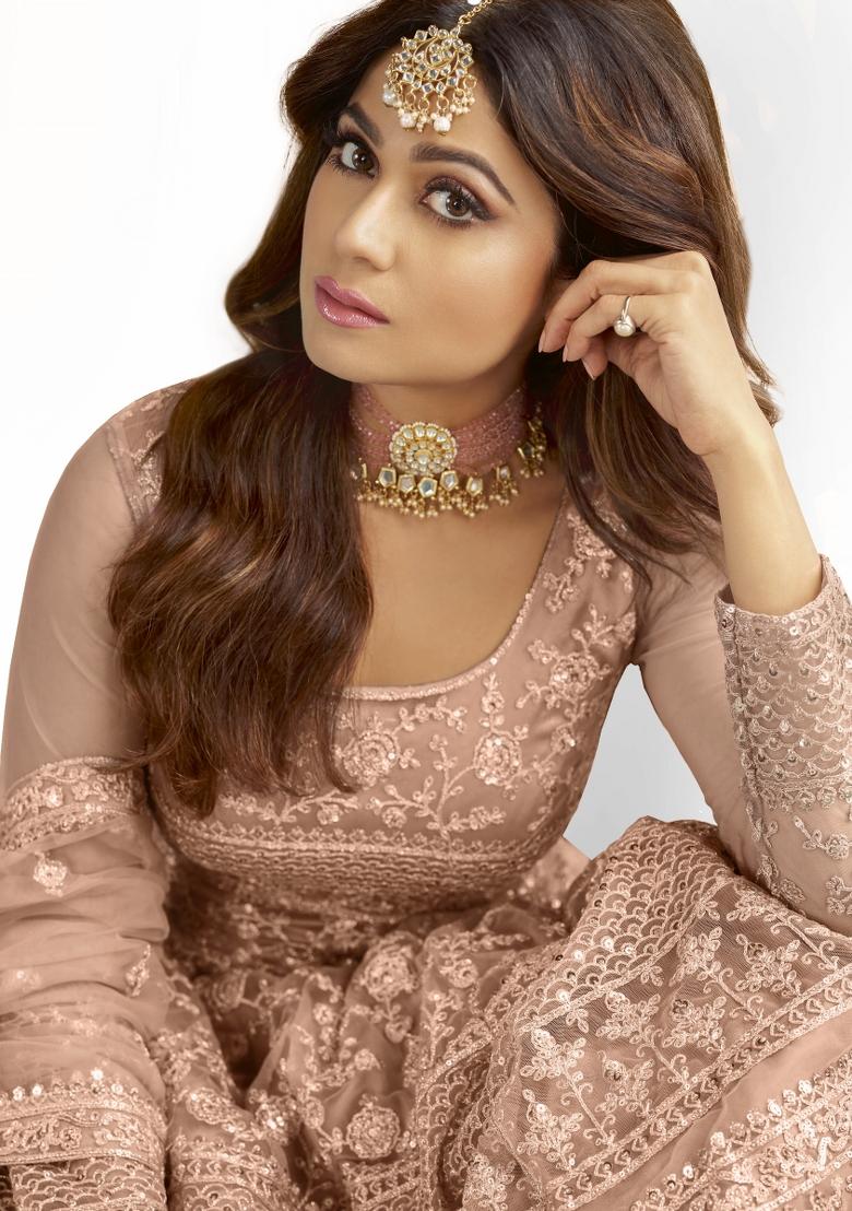 Peach Embroidered Net Salwar Kameez With Dupatta - Indya