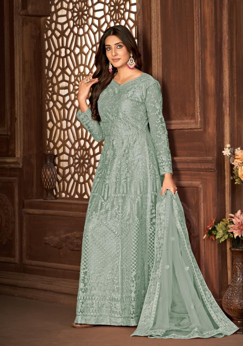 Grey Embroidered Net Salwar Kameez With Dupatta - Indya