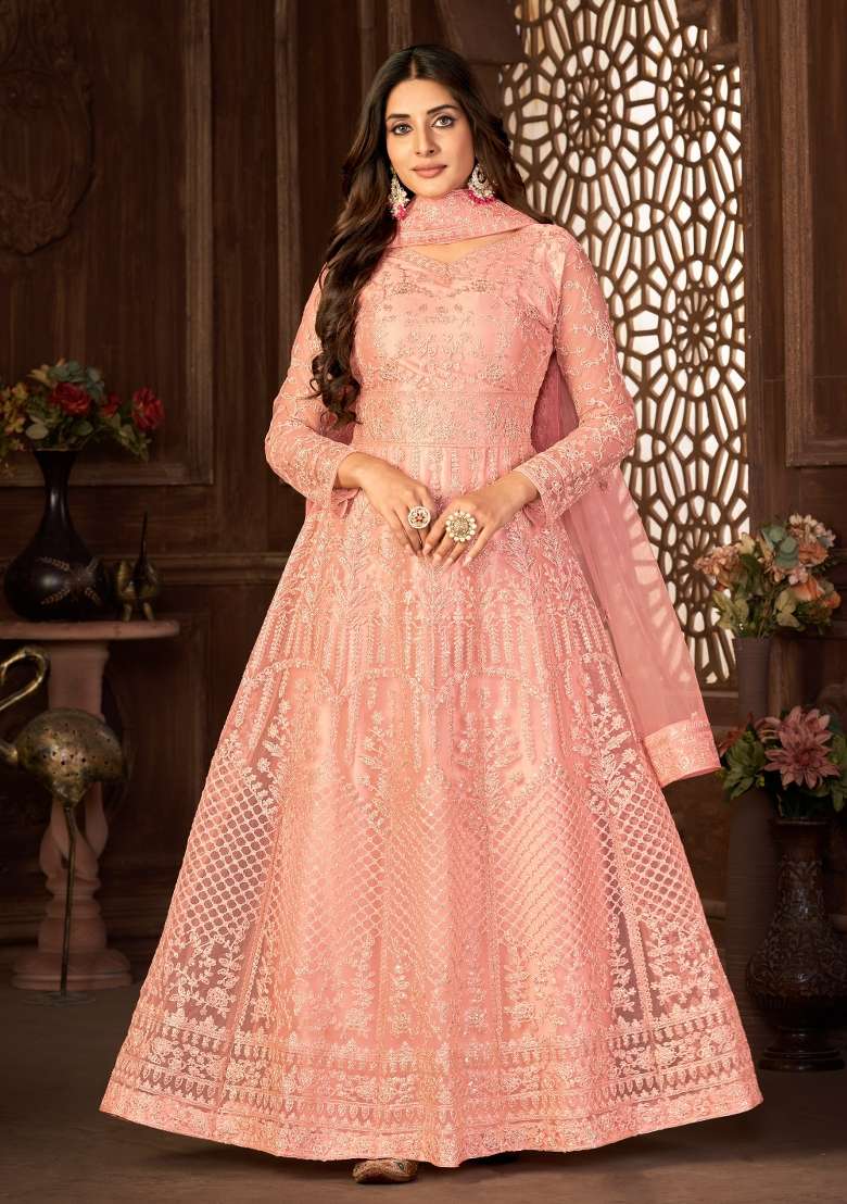 Peach Embroidered Net Anarkali Set - Indya