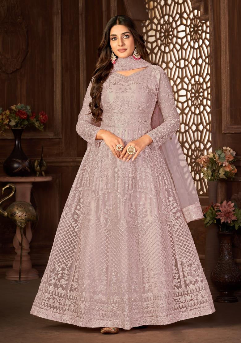 Purple Embroidered Net Salwar Kameez With Dupatta - Indya