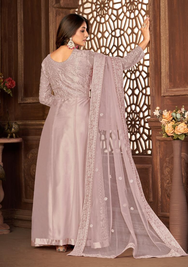 Purple Embroidered Net Salwar Kameez With Dupatta - Indya