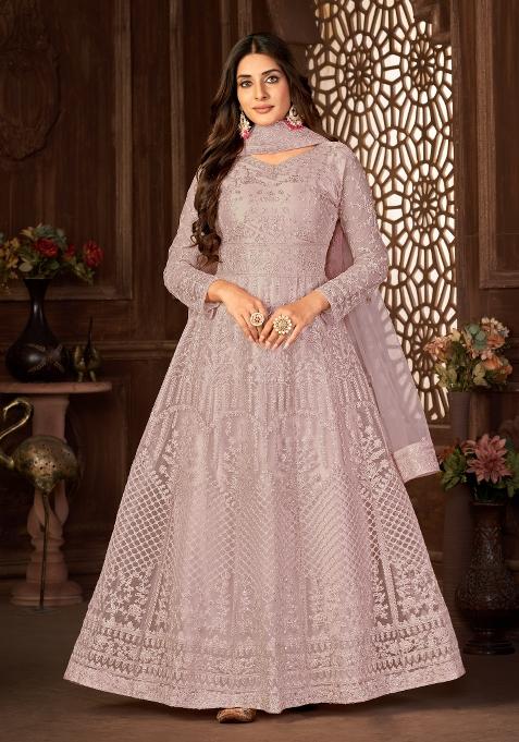 Purple Embroidered Net Anarkali Set