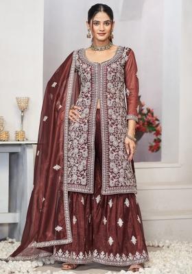 Brown Embroidered Net Salwar Kameez With Dupatta