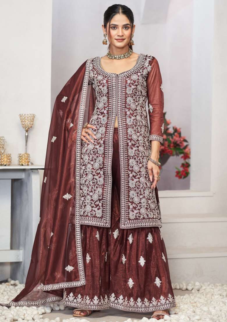 Brown Embroidered Net Sharara Set - Indya