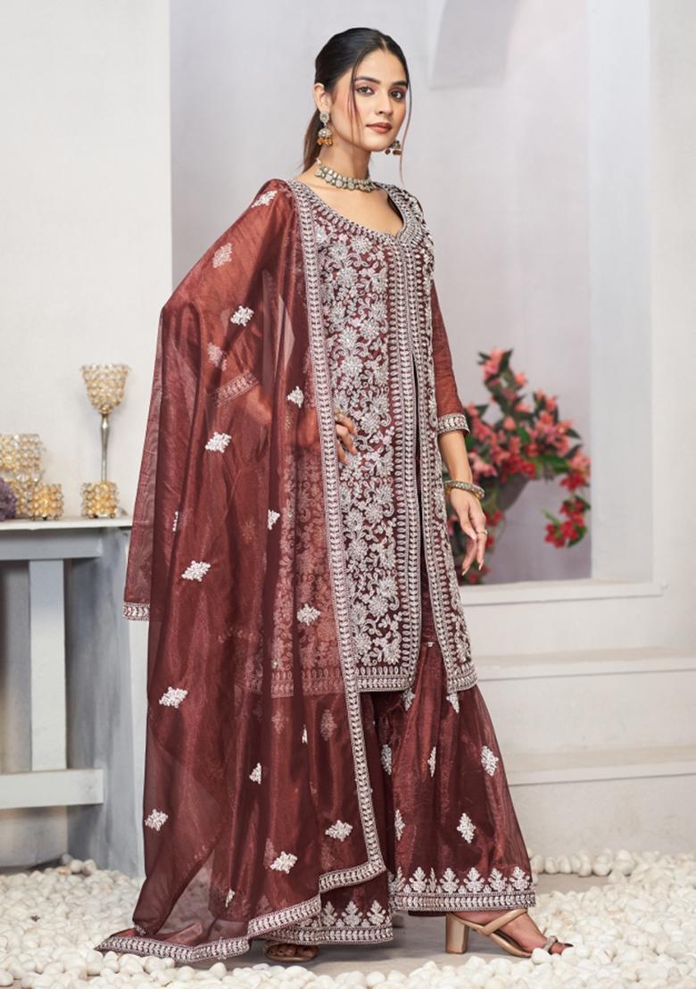 Brown Embroidered Net Salwar Kameez With Dupatta - Indya