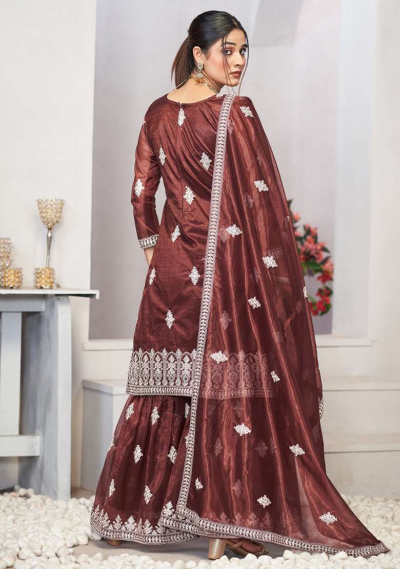 Brown Embroidered Net Sharara Set - Indya