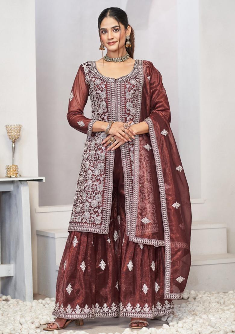 Brown Embroidered Net Salwar Kameez With Dupatta - Indya