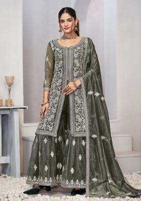 Green Embroidered Net Salwar Kameez With Dupatta