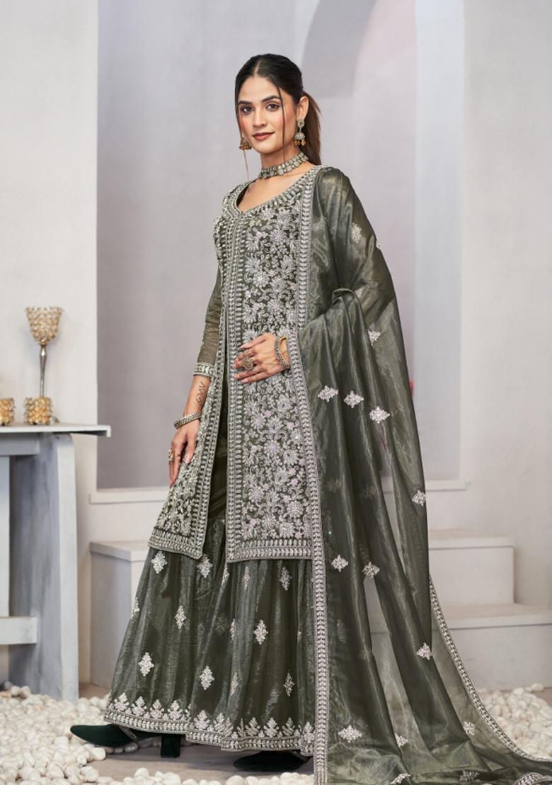 Green Embroidered Net Salwar Kameez With Dupatta - Indya