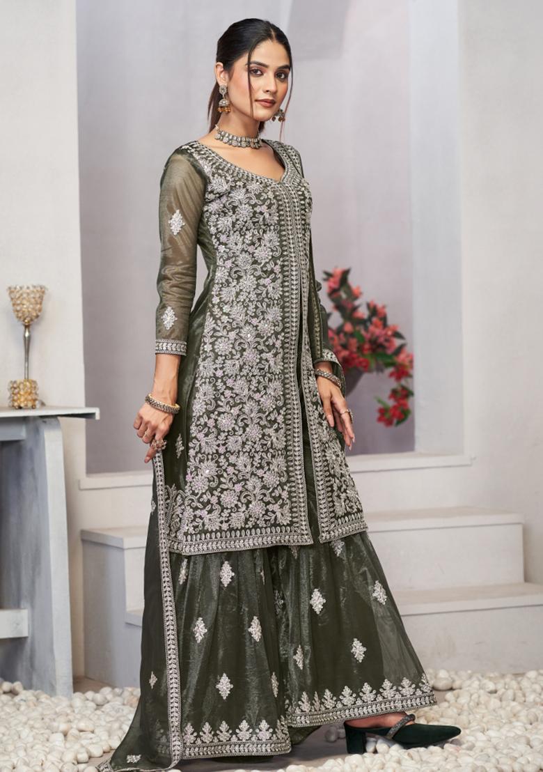 Green Embroidered Net Salwar Kameez With Dupatta - Indya
