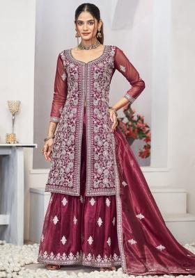 Purple Embroidered Net Salwar Kameez With Dupatta