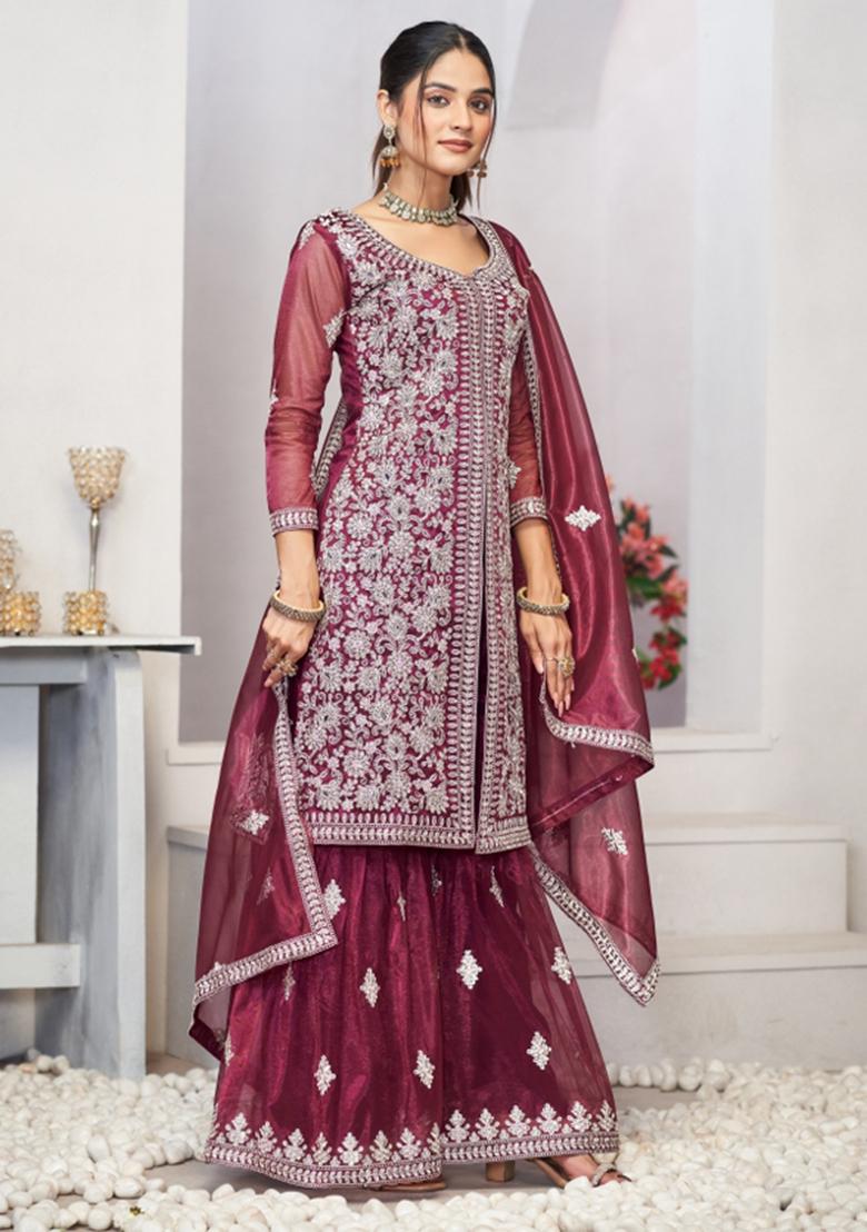 Purple Embroidered Net Salwar Kameez With Dupatta - Indya