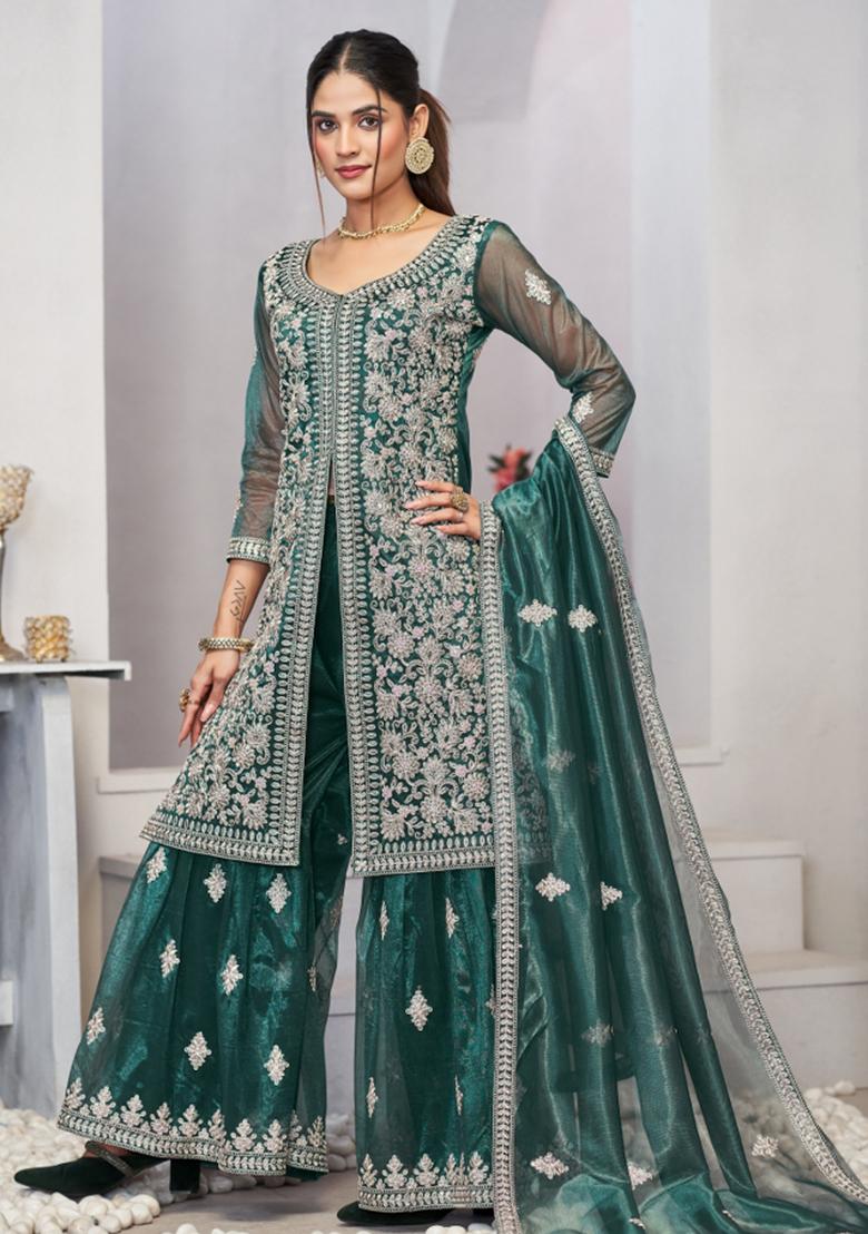 Turquoise Embroidered Net Salwar Kameez With Dupatta - Indya