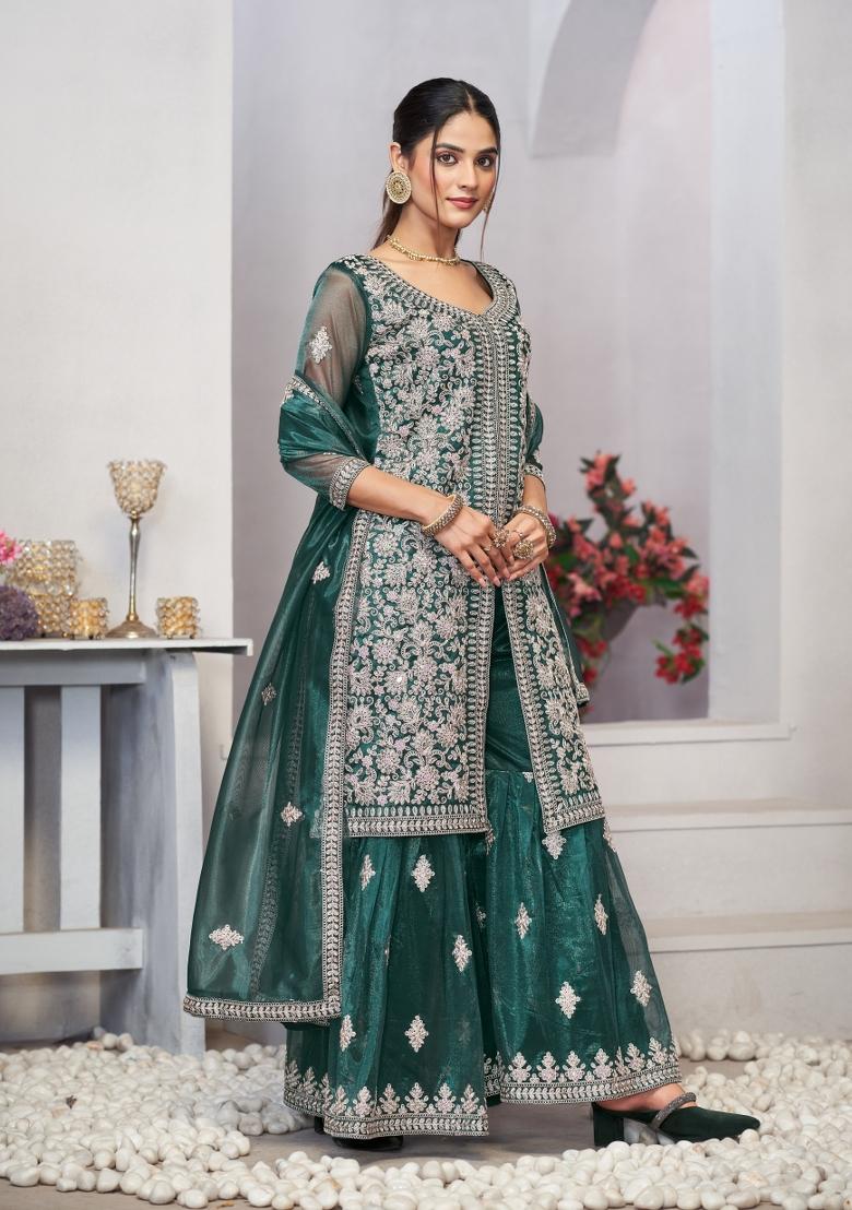 Turquoise Embroidered Net Salwar Kameez With Dupatta - Indya