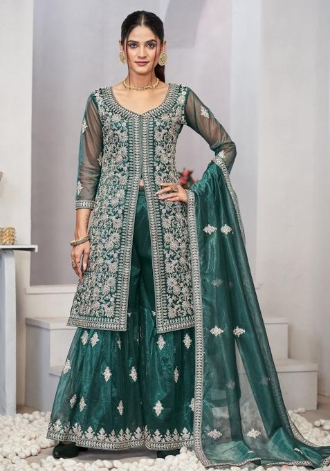 Turquoise Embroidered Net Sharara Set
