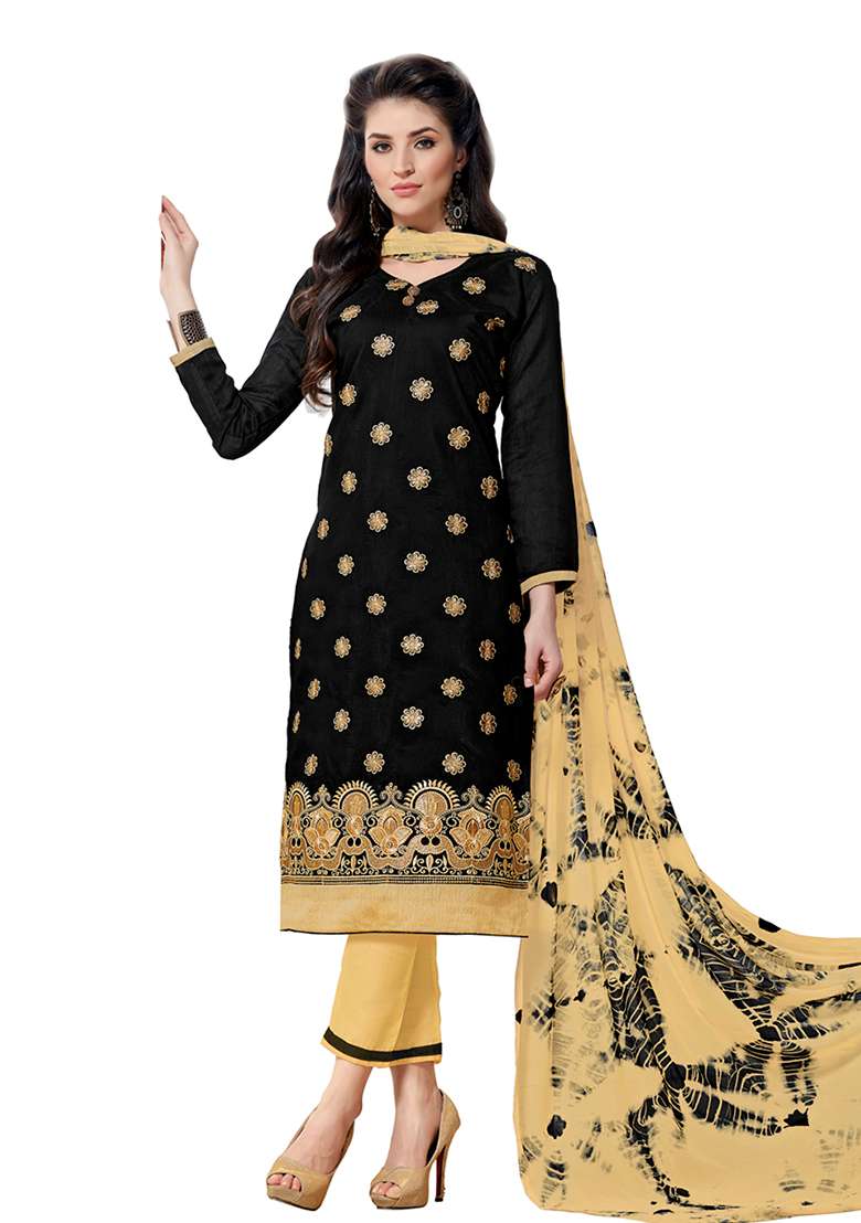 Black Embroidered Blended Pakistani Suit Set - Indya
